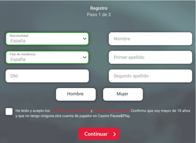 Registration at Pause And Play casino